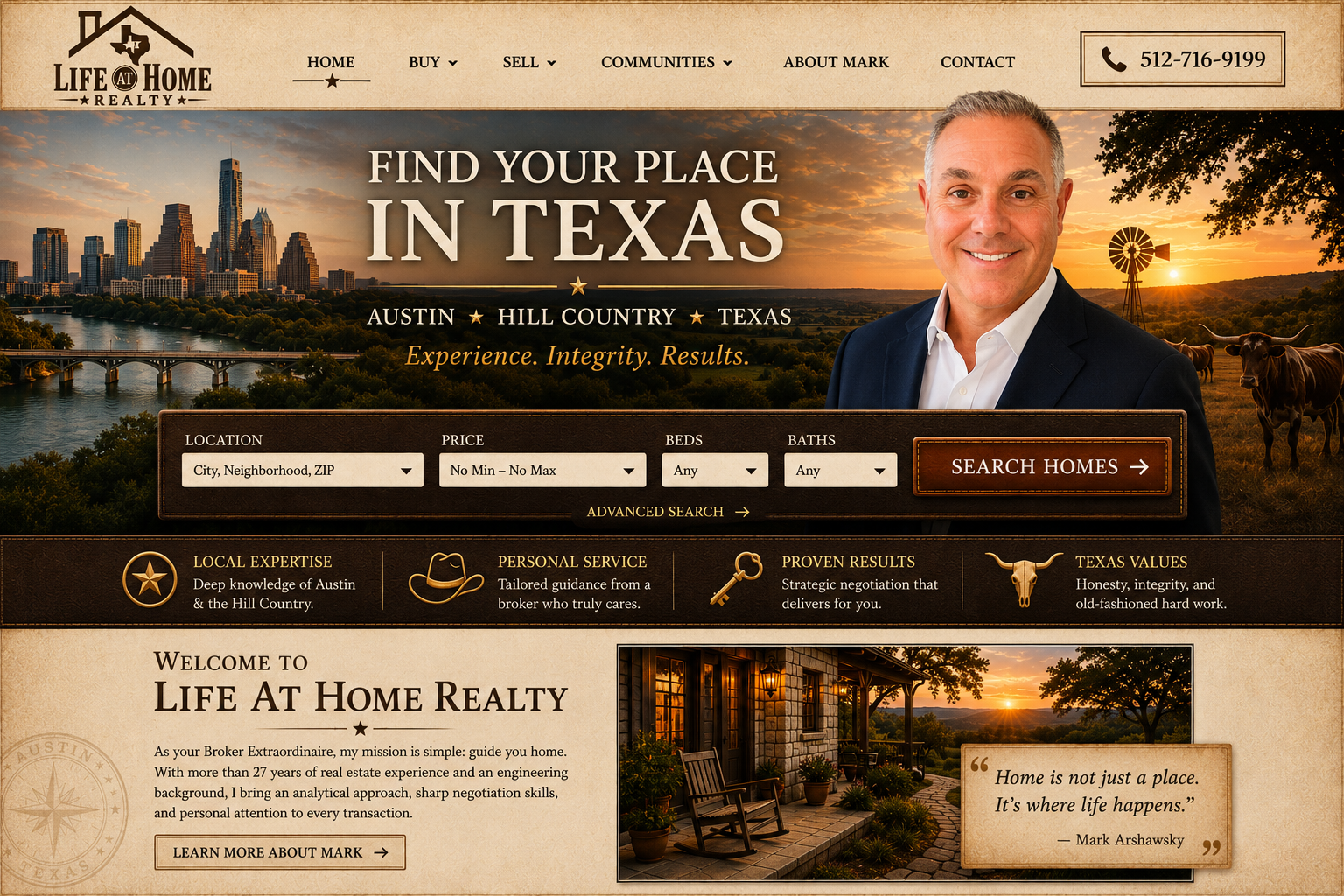 Life At Home Realty western Austin homepage featuring Mark Arshawsky